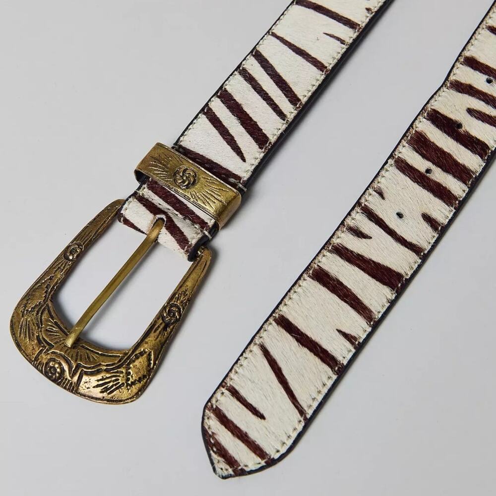BDG Leather Belt Zebra Pattern Print Haircalf Western Buckle - Size: S